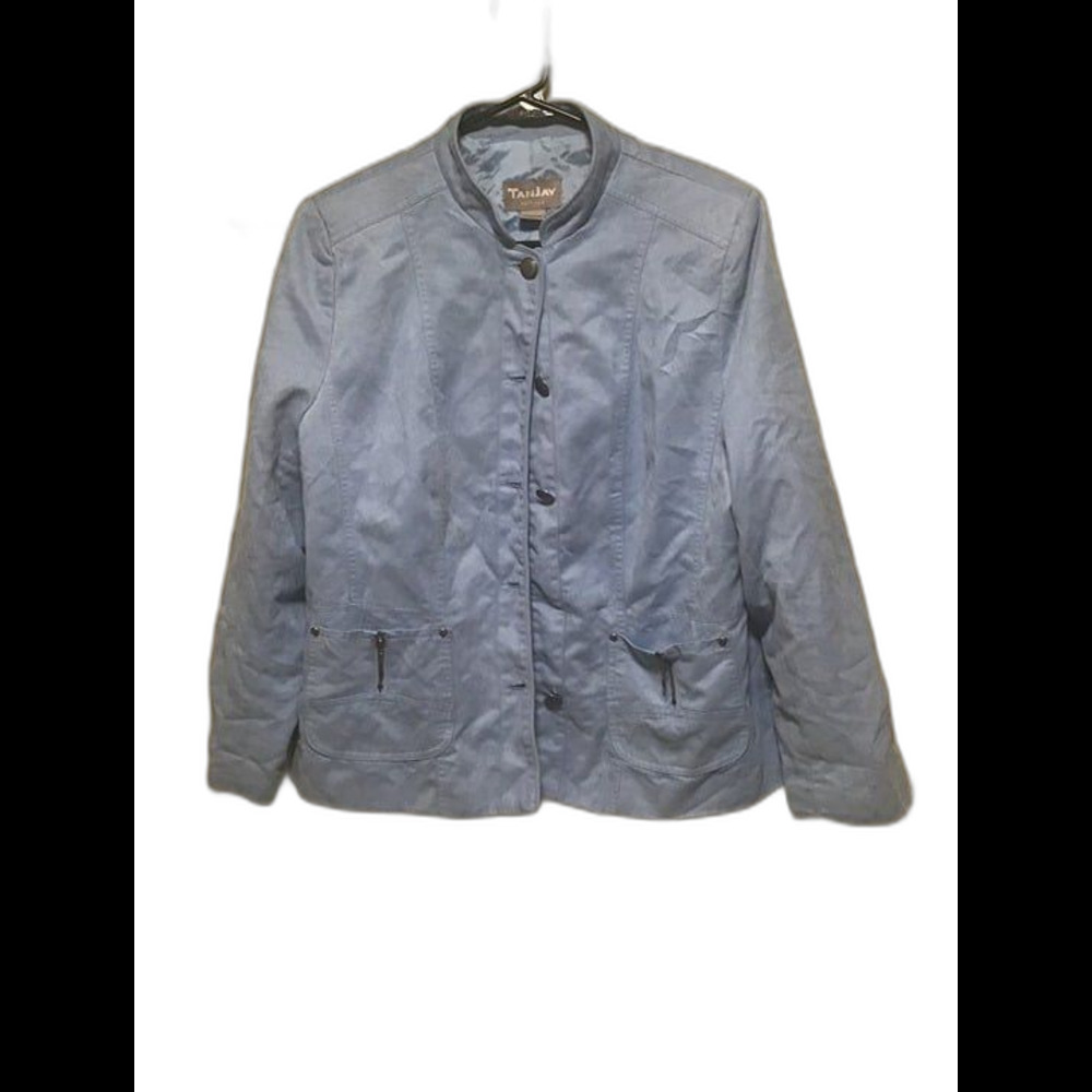 Tanjay Petites Blue Button Down Stand Collar Lightweight Jacket 14P